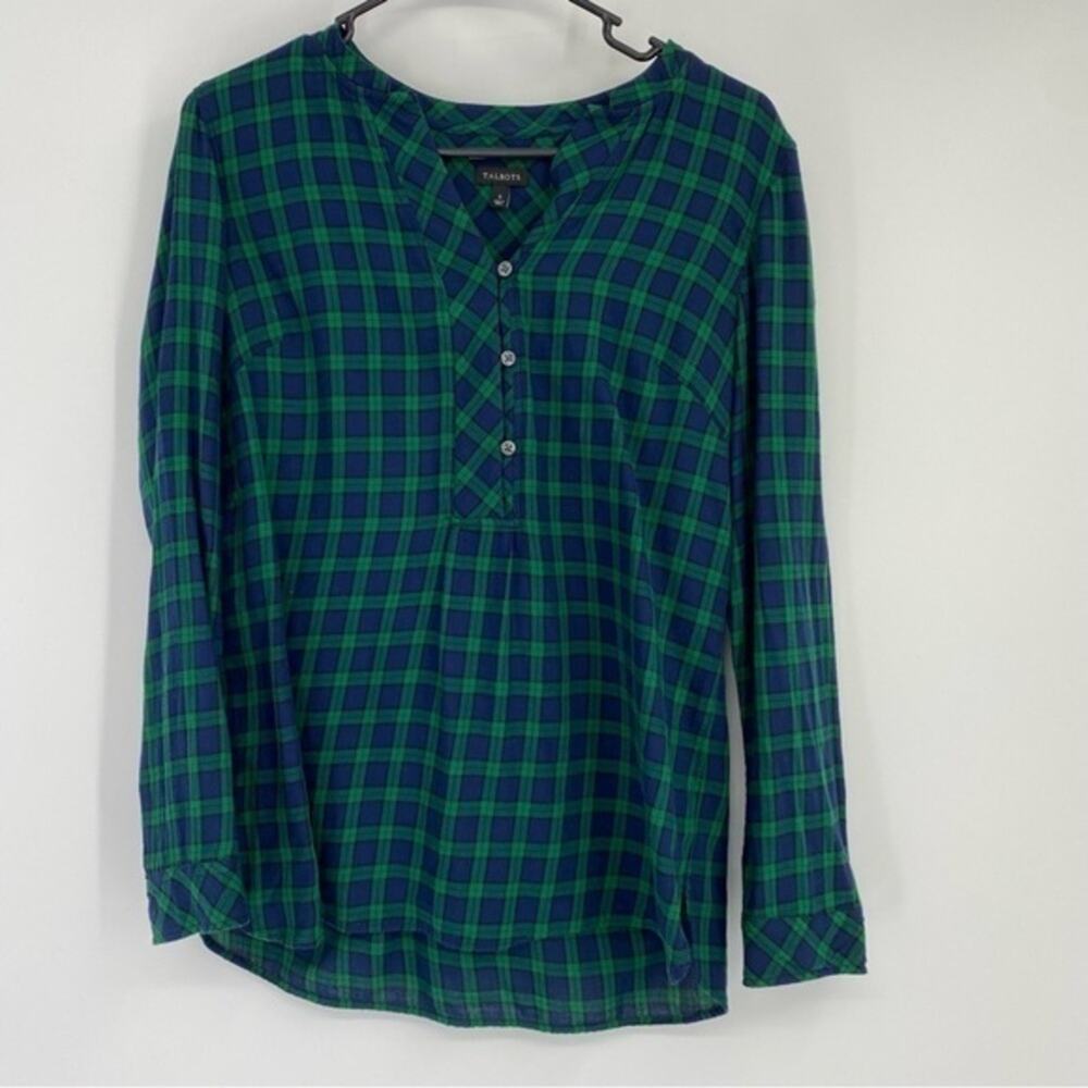 Talbots Green & Blue Tartan Plaid Popover Blouse Size Small